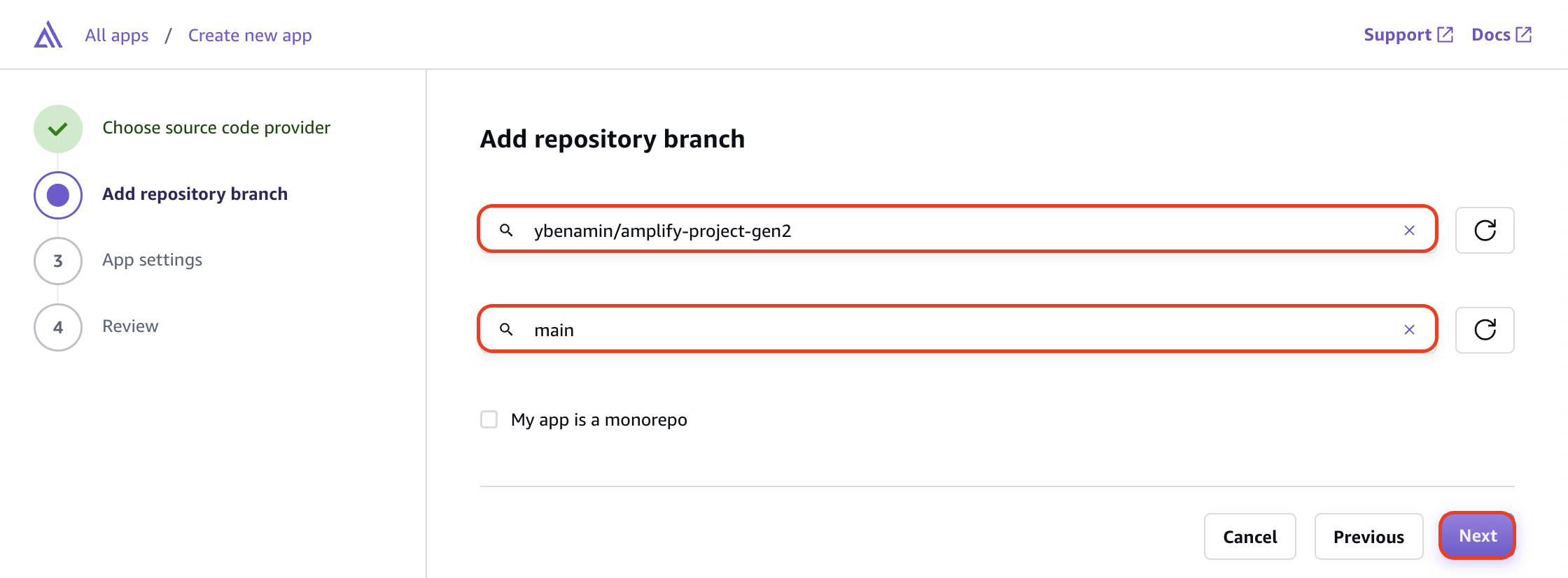 Select your repository and branch in AWS Amplify